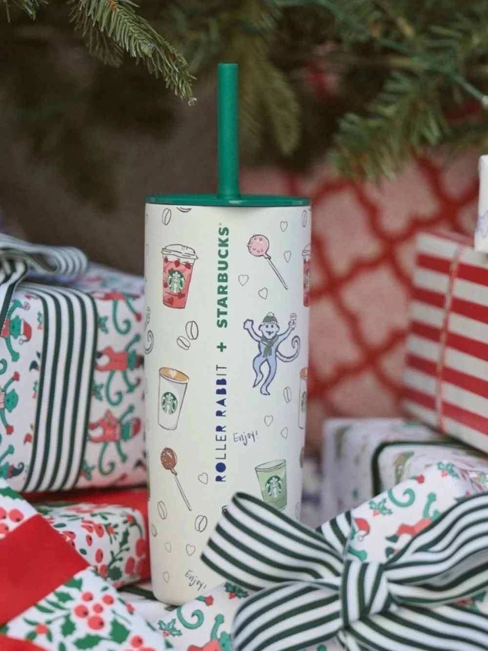 Starbucks x Roller Rabbit White Tumbler with Green Straw and Multicolor Print
